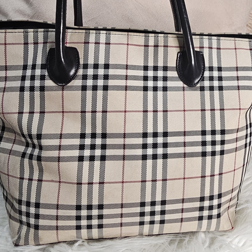 BURBERRY Tan and Black Plaid Tote Bag